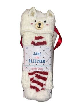 Jane and Bleecker Women's Polar Bear Slipper Socks Red/White 4-10